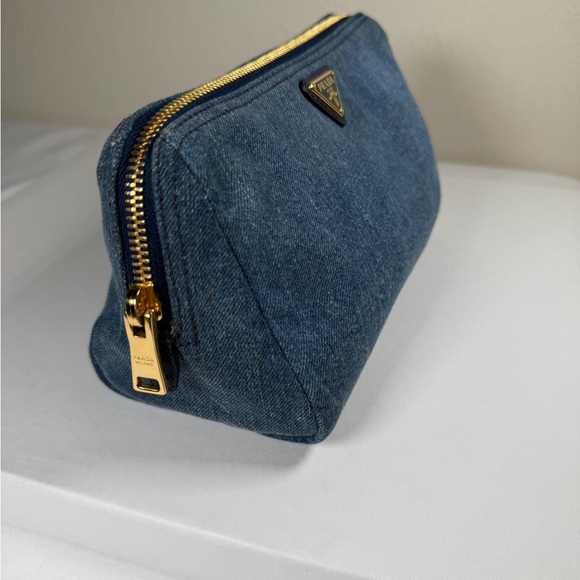 Prada Blue Denim Triangle Logo Pouch with Gold Hardware - Picture 7 of 15